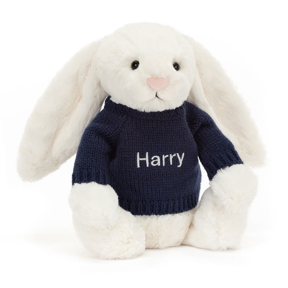 Bashful Cream Bunny with Personalised Navy Jumper