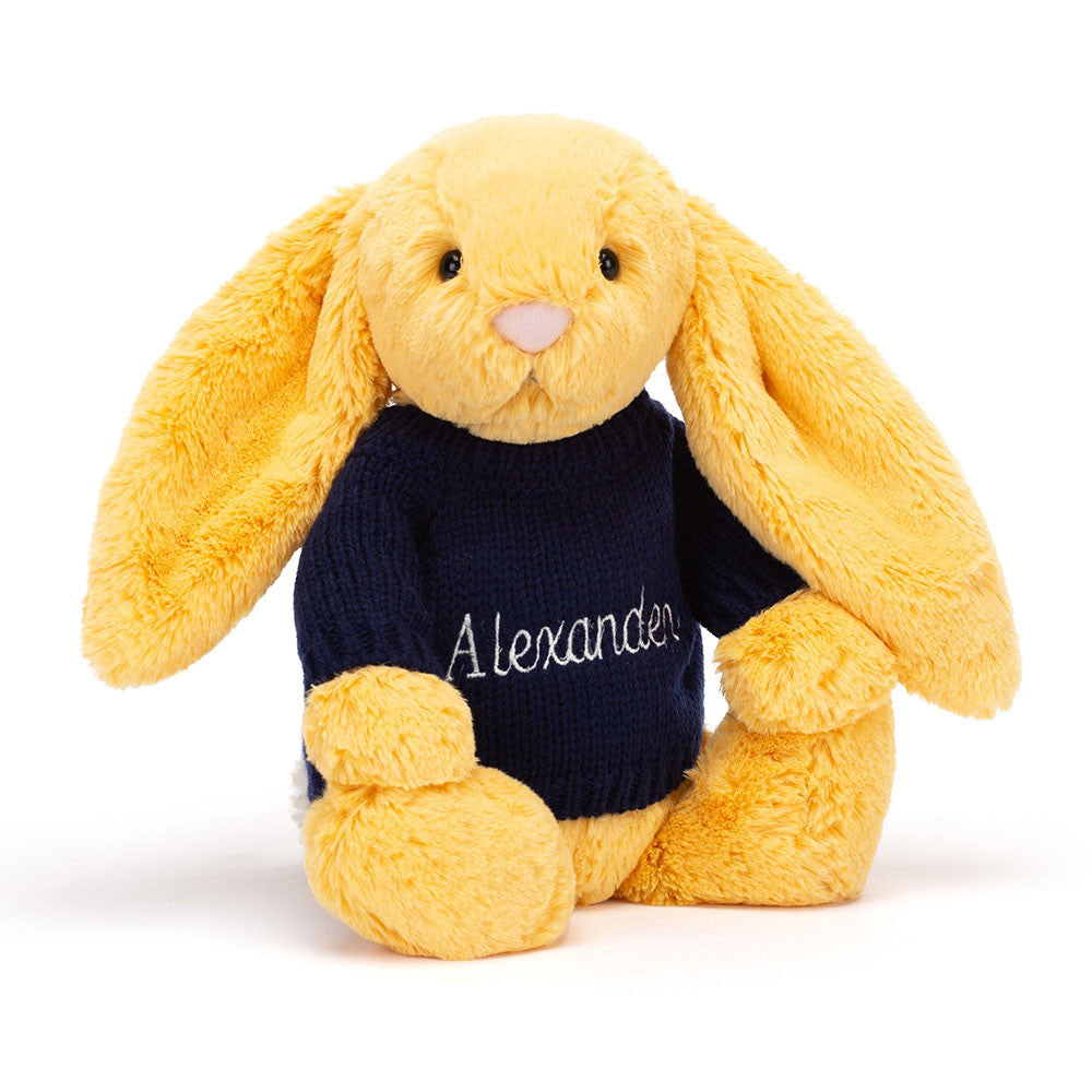 Bashful Sunshine Bunny with Personalised Navy Jumper