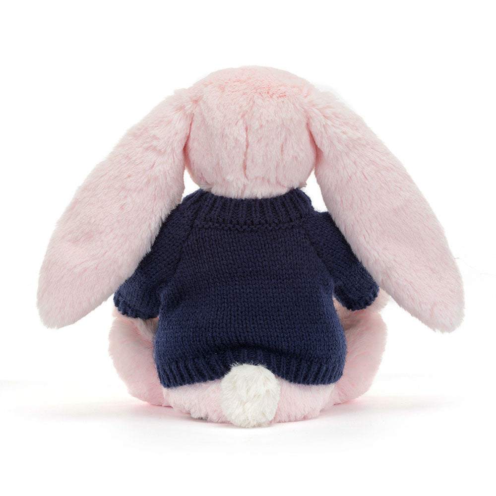 Bashful Pink Bunny with Personalised Navy Jumper