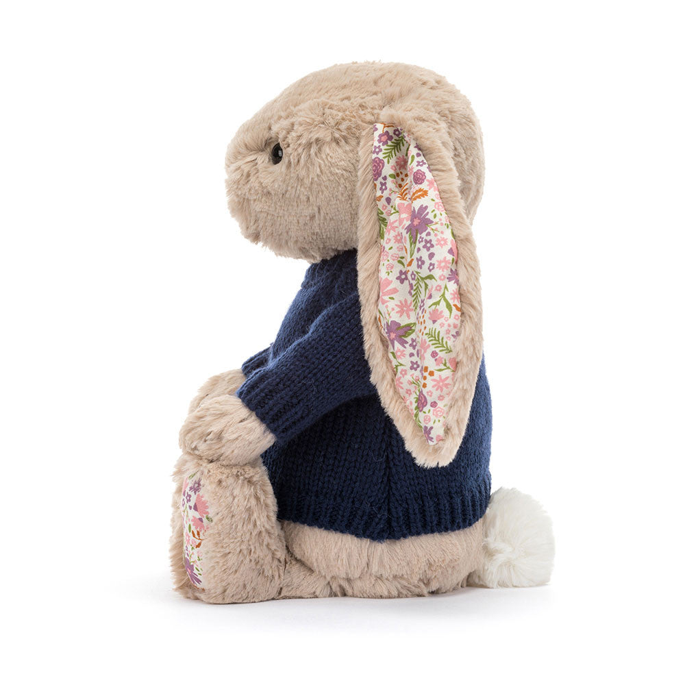 Blossom Beige Bunny 'Petal' with Personalised Navy Jumper