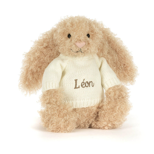 Bashful Luxe Bunny Curly with Personalised Cream Jumper