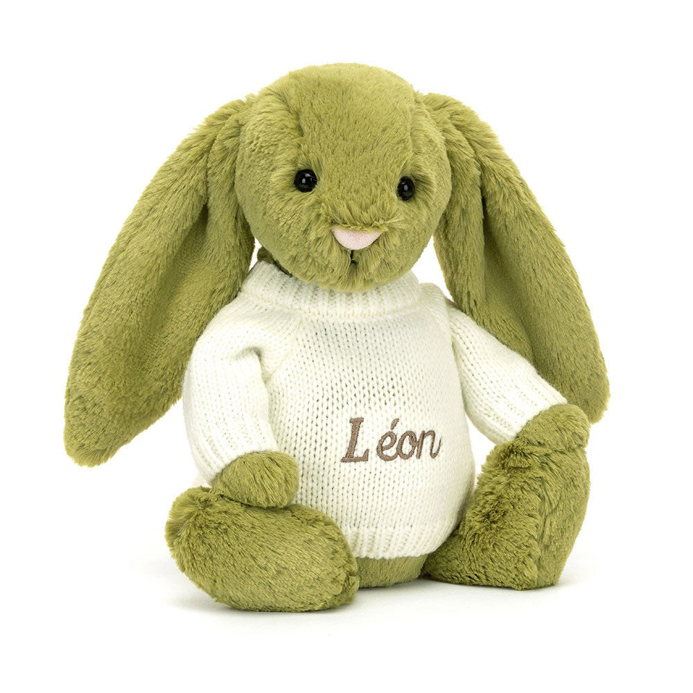 Bashful Moss Bunny with Personalised Cream Jumper