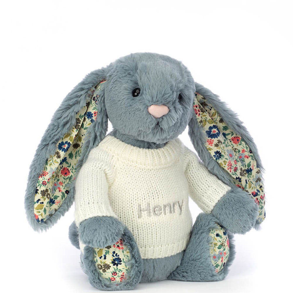 Blossom Dusky Blue Bunny with Personalised Cream Jumper