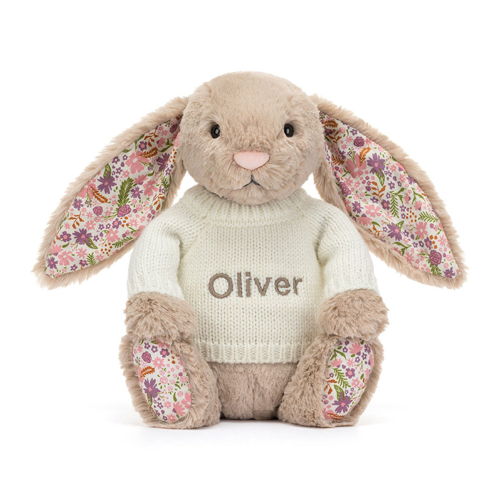 Blossom Beige Bunny 'Petal' with Personalised Cream Jumper