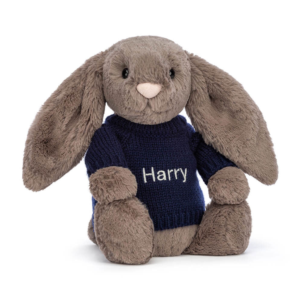 Bashful Truffle Bunny with Personalised Navy Jumper