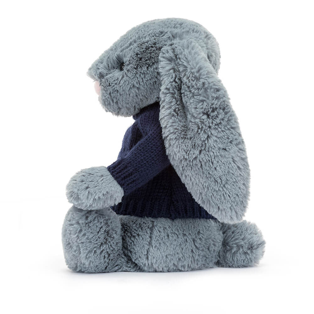 Bashful Dusky Blue Bunny with Personalised Navy Jumper