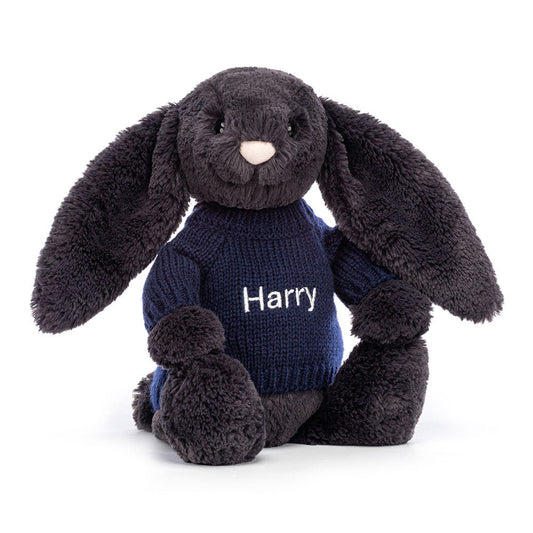 Bashful Inky Bunny with Personalised Navy Jumper