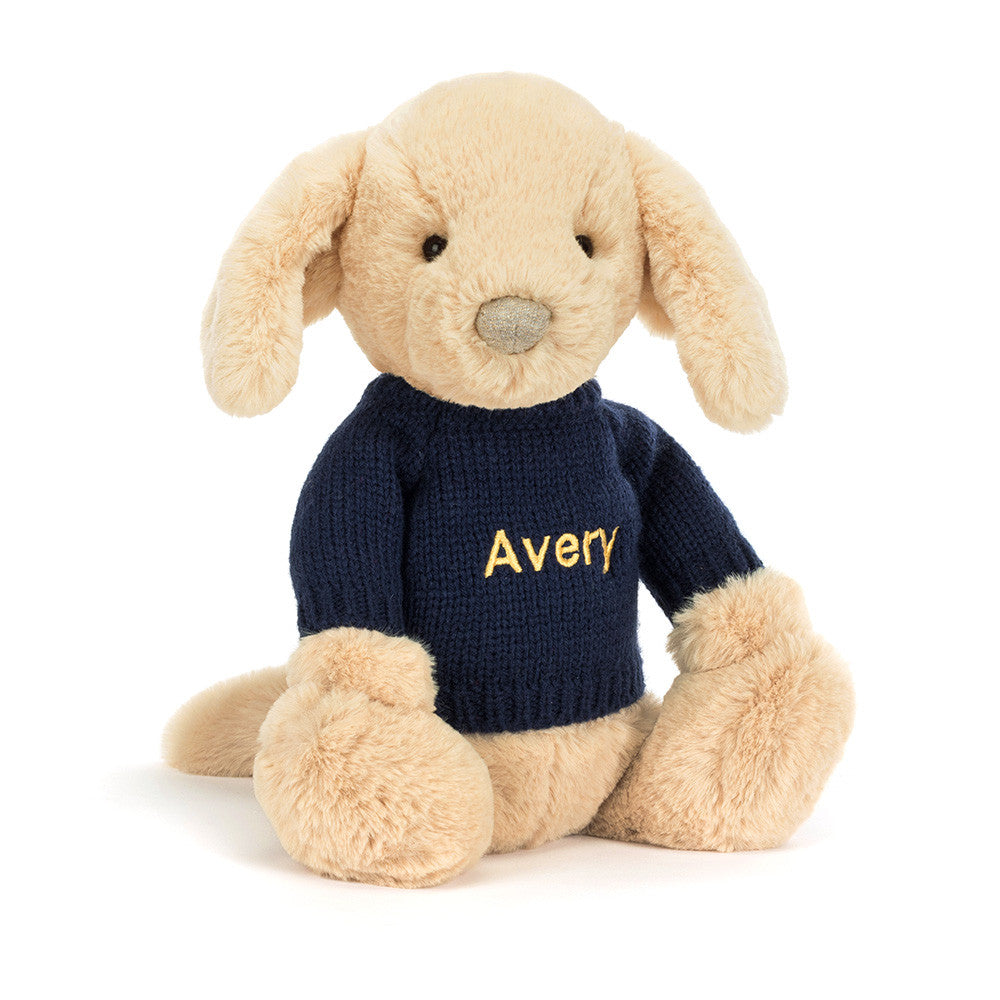 Bashful Luxe Puppy Orlando with Personalised Navy Jumper
