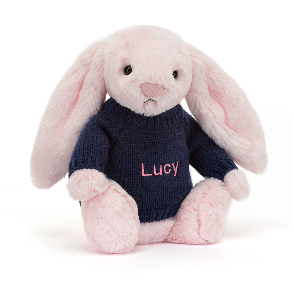 Bashful Pink Bunny with Personalised Navy Jumper