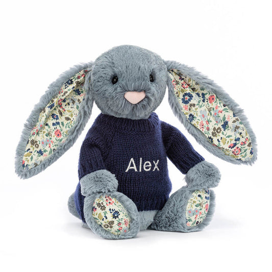 Blossom Dusky Blue Bunny with Personalised Navy Jumper
