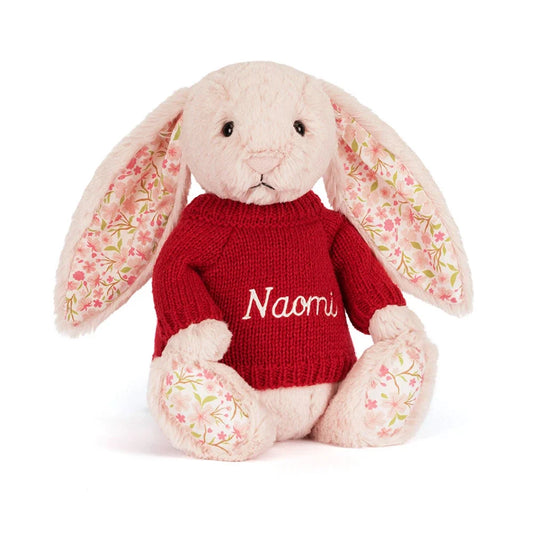 Blossom Blush Bunny 'Cherry' with Personalised Red Jumper